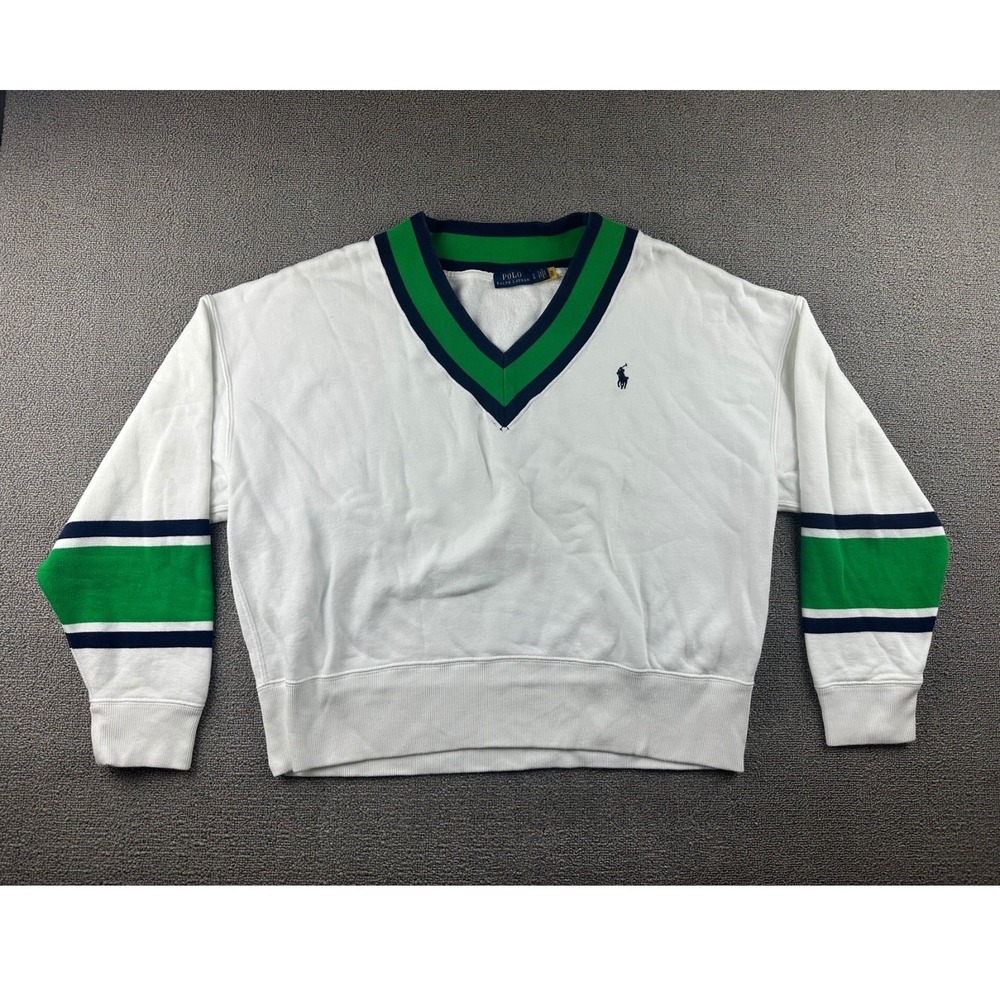 Polo Ralph Lauren Sweatshirt Men L White Green US Open Fleece Tennis Activewear